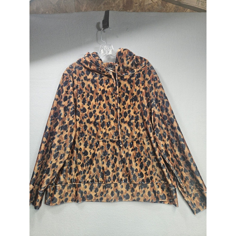 Leopard Print Velvet Pullover Hoodie Brown Black Animal Print Kangaroo Pocket